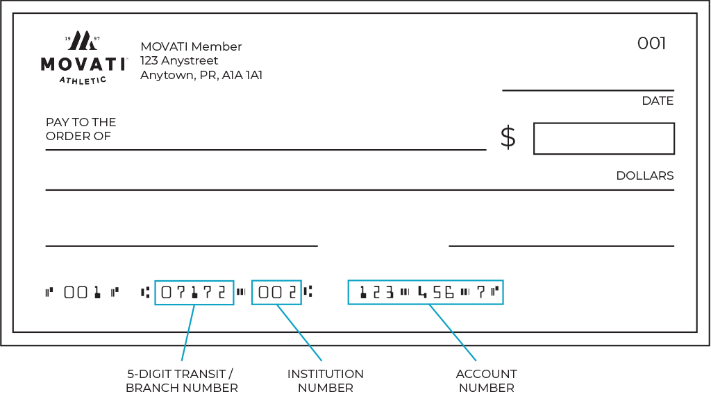 Cheque showing Branch Number, Institution Number and Account Number