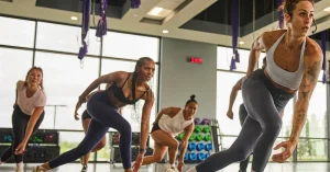 Group of women participating in cardio exercises class in a gym setting, focusing on endurance and heart health.