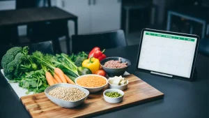 Assorted fruits, vegetables, and legumes on a table with a notepad, illustrating good sources of protein for a healthy diet.
