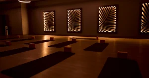 Dimly lit yoga studio with mats and blocks set up for a hot hatha session, featuring ambient wall decor.