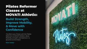 Pilates Reformer classes at MOVATI Athletic with neon sign and greenery wall in background.