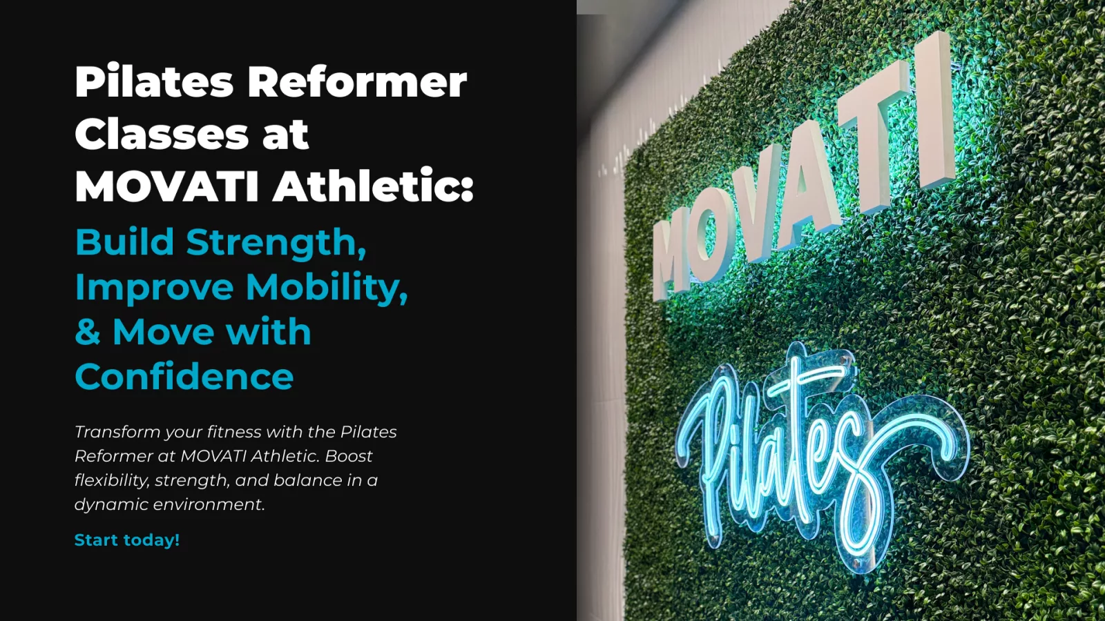 Pilates Reformer classes at MOVATI Athletic with neon sign and greenery wall in background.