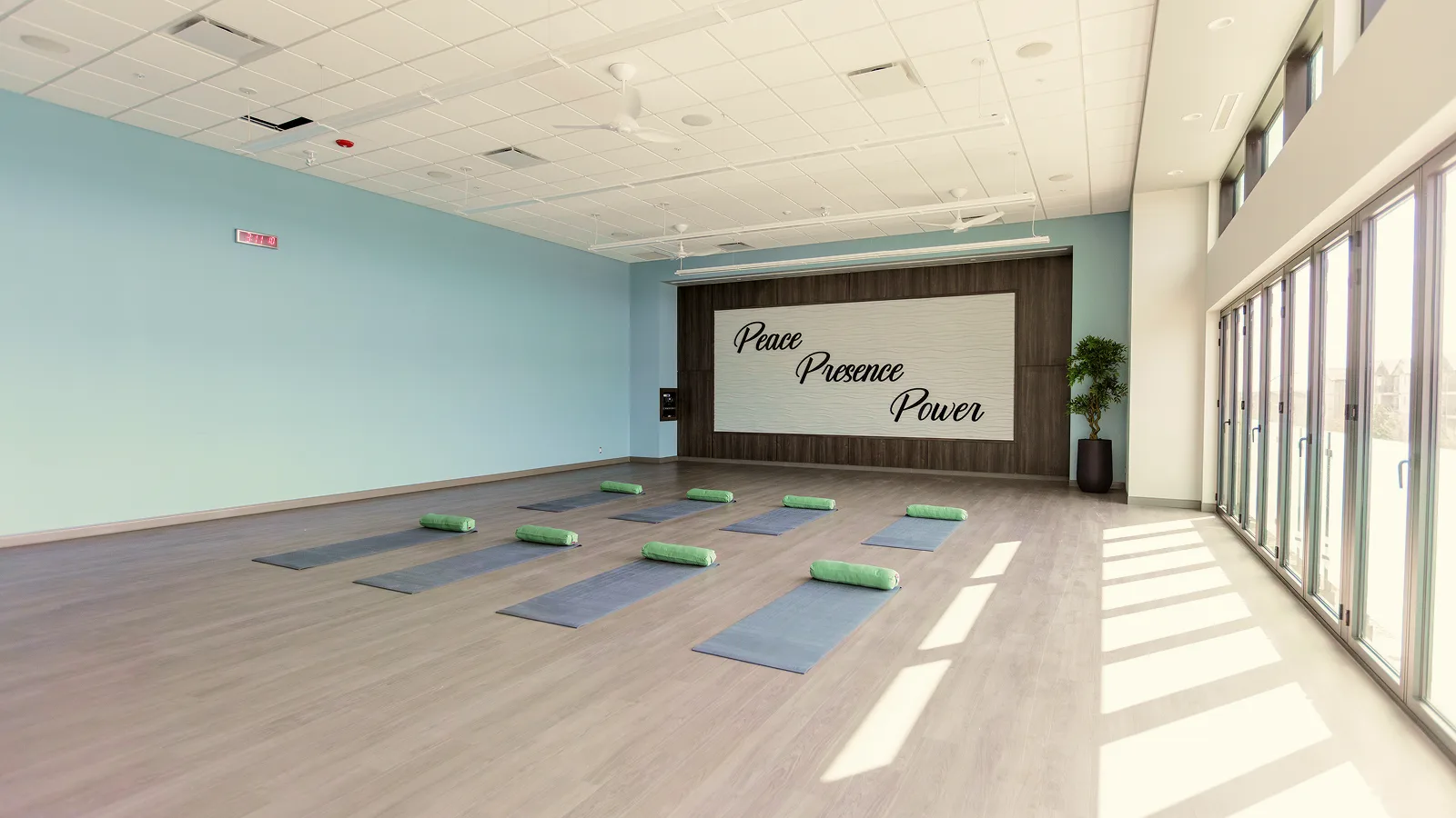 Yoga studio with mats and bolsters arranged for a yoga for stress relief class, enhancing mental and physical well-being.